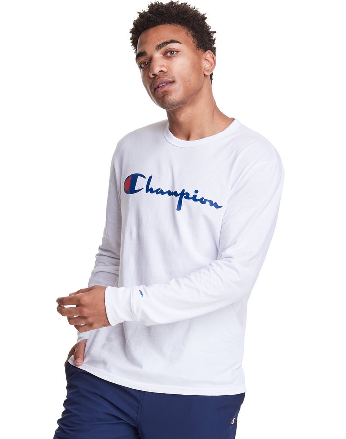 Champion Long-Sleeve Lightweight Script Logo T-Shirt Heren - Wit - Belgie 3658XYNSR